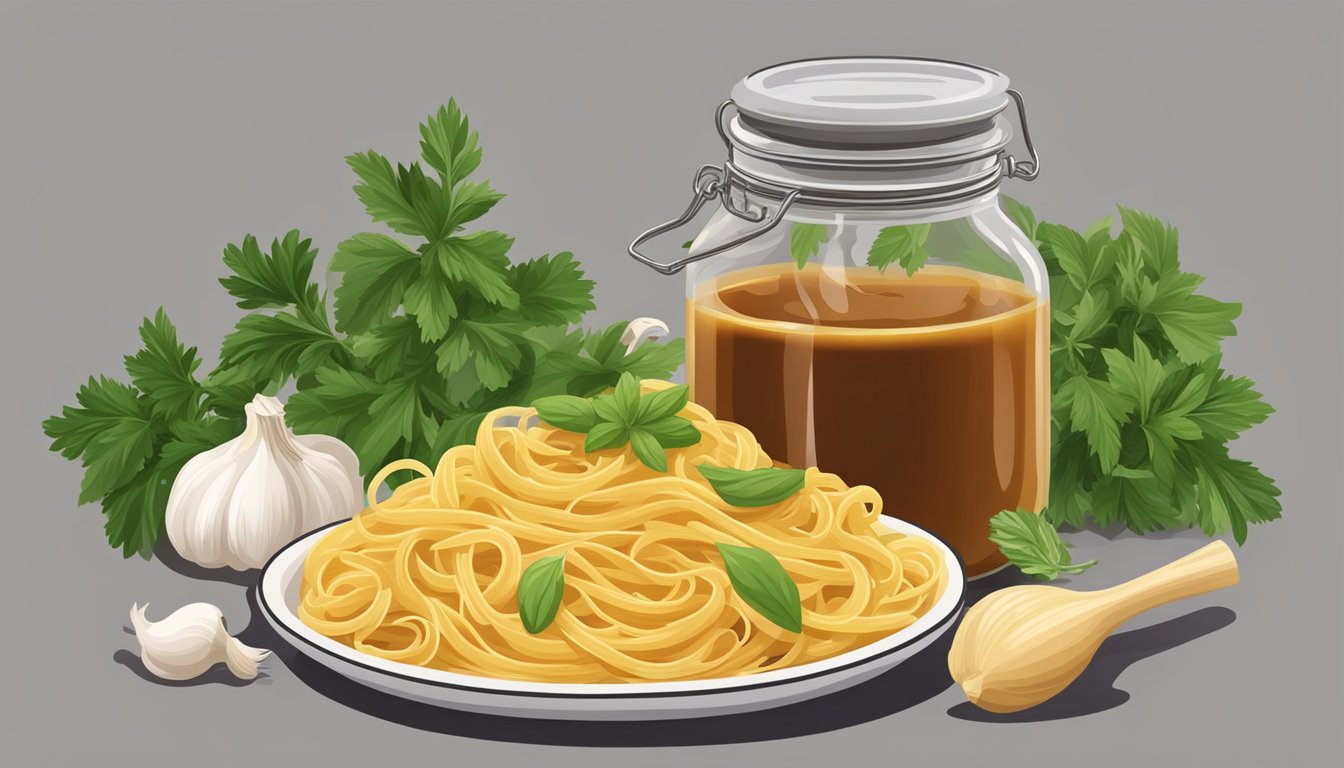 A pot of boiling pasta with a jar of Classico pasta sauce next to it, surrounded by fresh herbs and garlic cloves