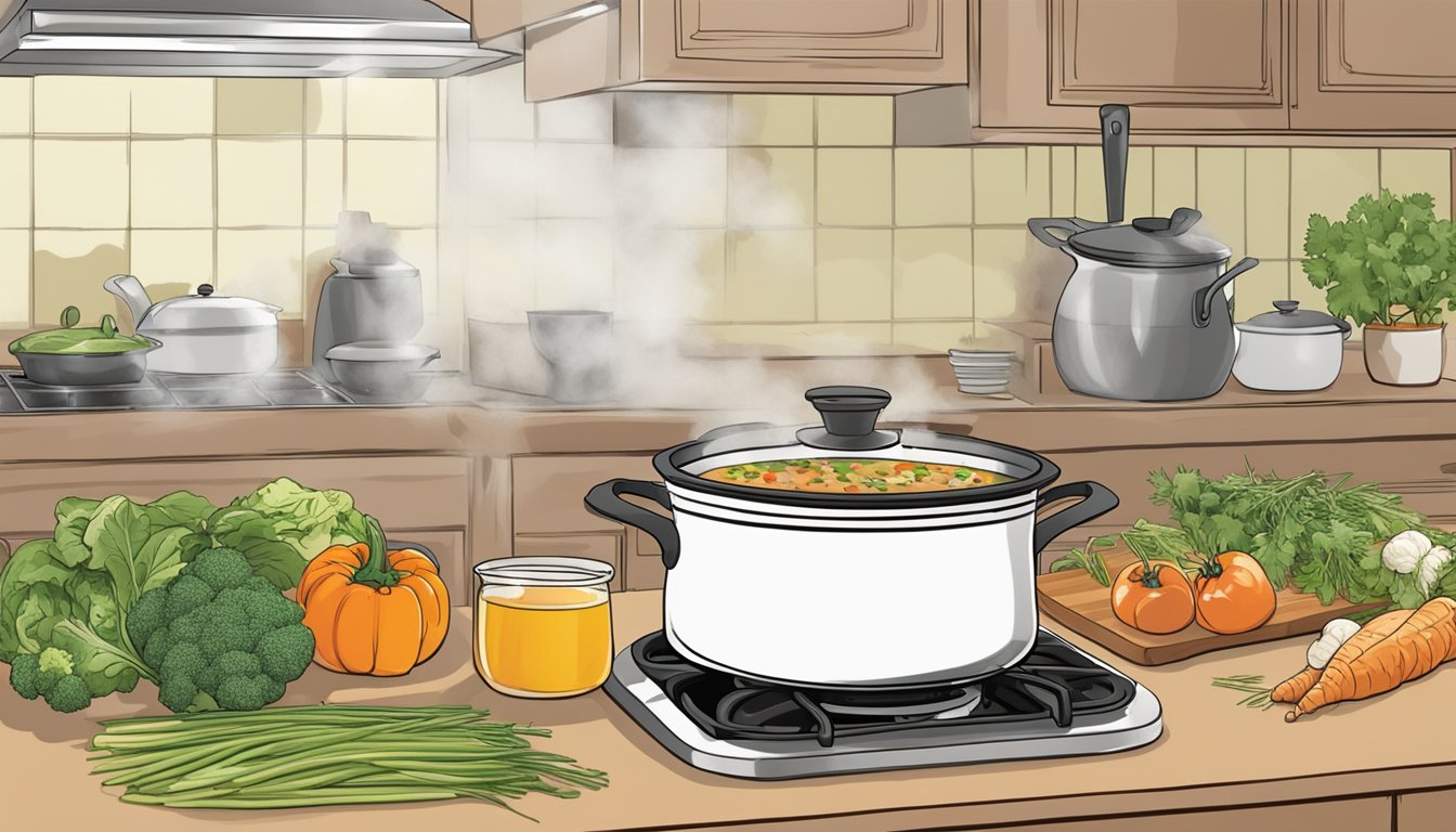 A steaming pot of soup with Swanson broth simmering on a stovetop, surrounded by fresh vegetables and herbs ready to be added for the finishing touches