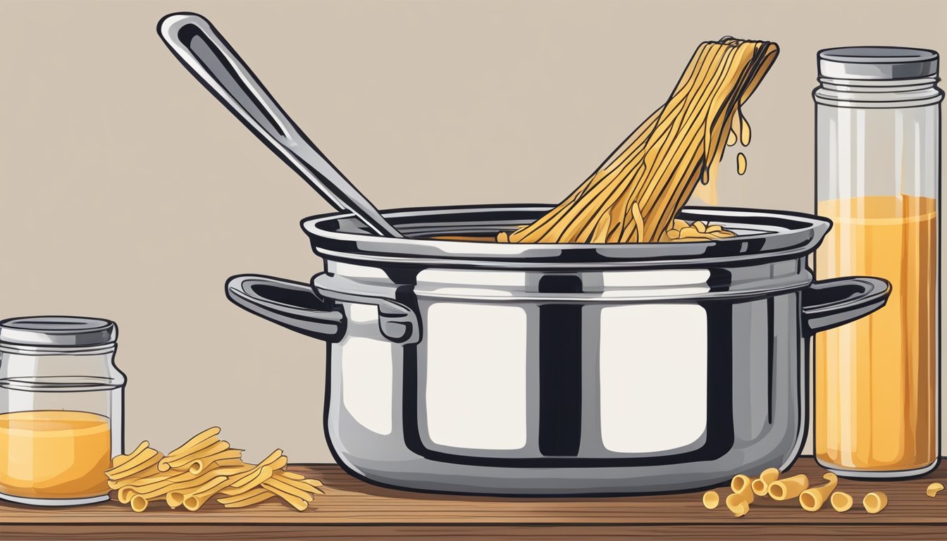 A pot of boiling water with pasta inside, a jar of Classico pasta sauce, and a wooden spoon stirring the sauce in a pan