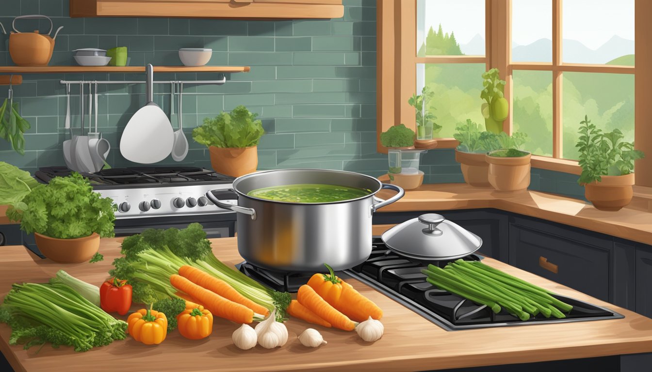 A pot of Swanson broth simmering on a stove, surrounded by fresh vegetables and herbs. A safety glove and apron hanging nearby