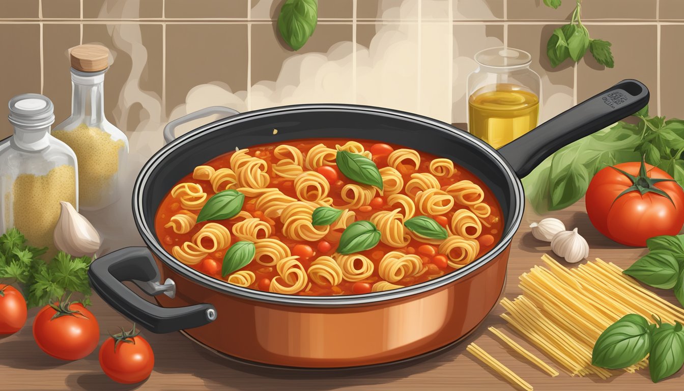 A bubbling pot of Classico pasta sauce simmers on a stovetop, surrounded by fresh ingredients like tomatoes, garlic, and herbs