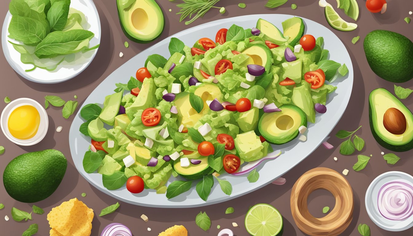 A vibrant avocado chicken salad being prepared with various unique ingredients and cooking methods