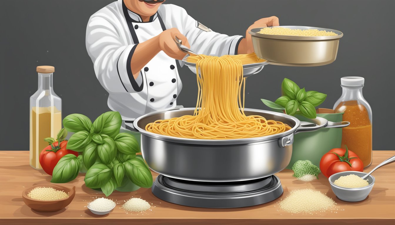 A chef pours Classico pasta sauce into a bubbling pot of spaghetti, surrounded by fresh basil, garlic, and Parmesan cheese