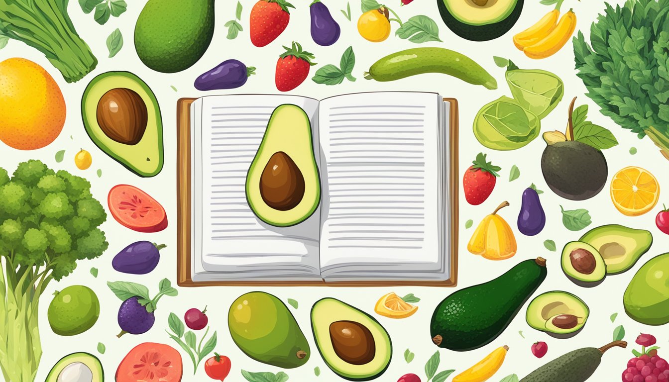 A vibrant avocado surrounded by a variety of colorful fruits and vegetables, with a cookbook open to a page titled "15 Unusual Ways to Cook with Avocado."