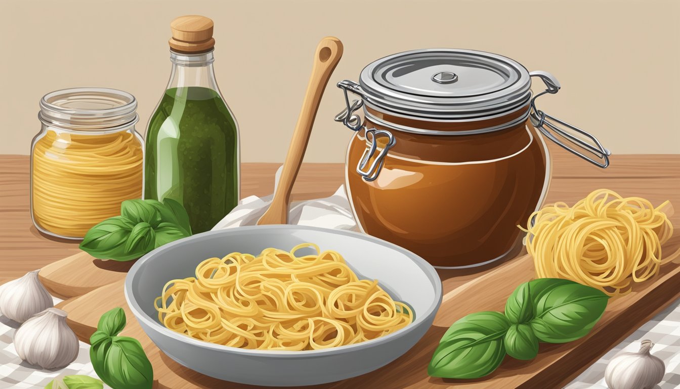 A kitchen counter with open Classico pasta sauce jar, fresh basil, garlic, and a pot of boiling pasta. A wooden spoon stirs the sauce