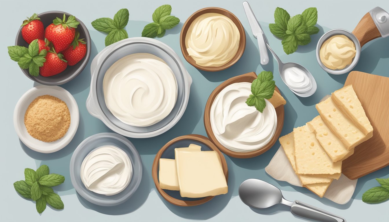 A bowl of Philadelphia cream cheese surrounded by ingredients and utensils for making a no-bake cheesecake