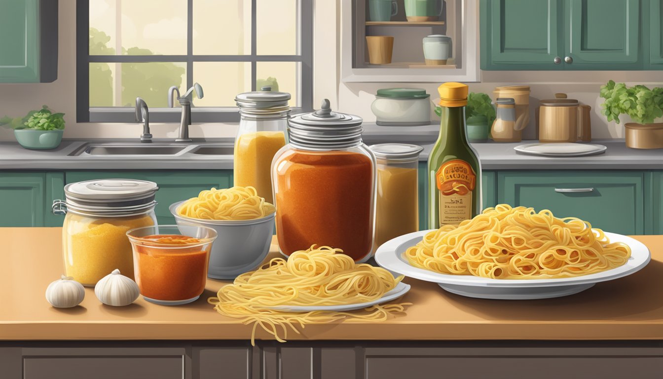 A kitchen counter with a jar of Classico pasta sauce, a pot of boiling water, and a plate of reheated pasta