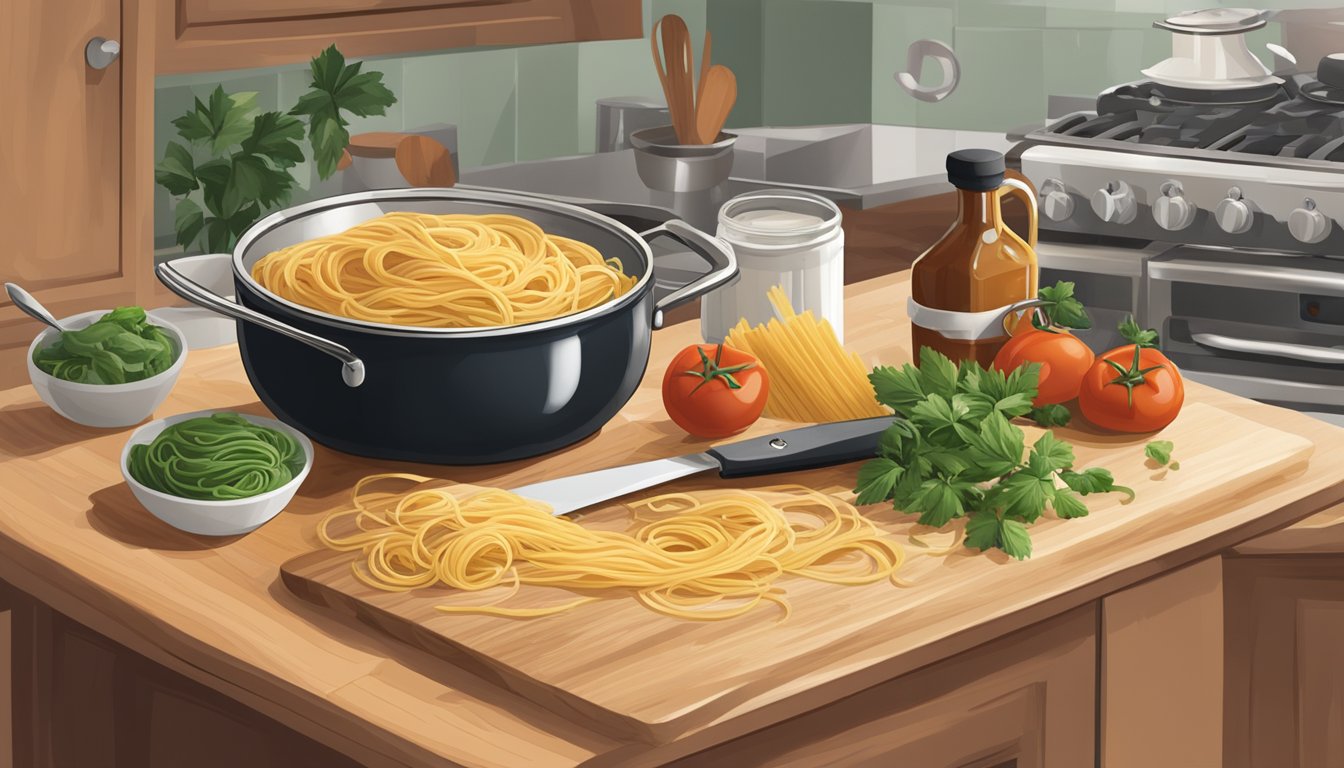 A bustling kitchen counter with open Classico pasta sauce jar, fresh ingredients, and a steaming pot of pasta. A chef's knife and cutting board are ready for action