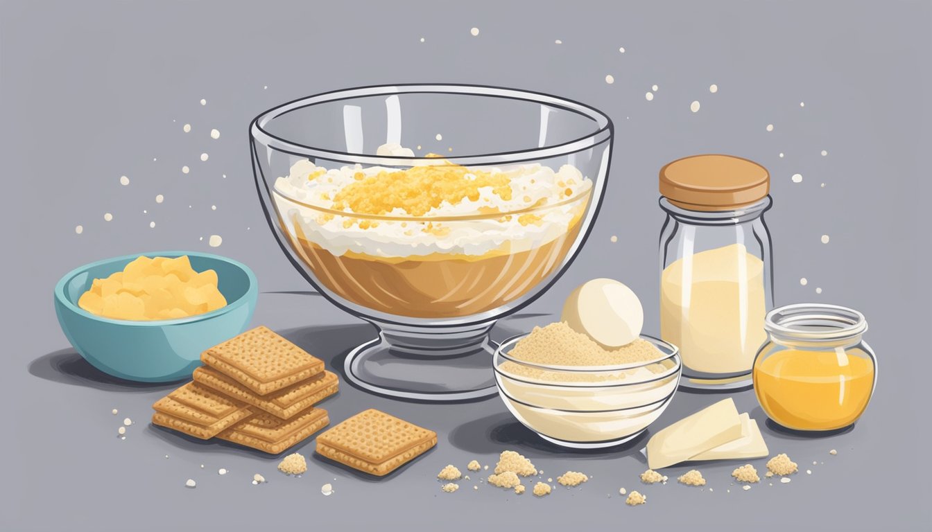 A hand mixing Philadelphia cream cheese with sugar and eggs in a glass bowl, surrounded by ingredients like vanilla extract and graham cracker crumbs