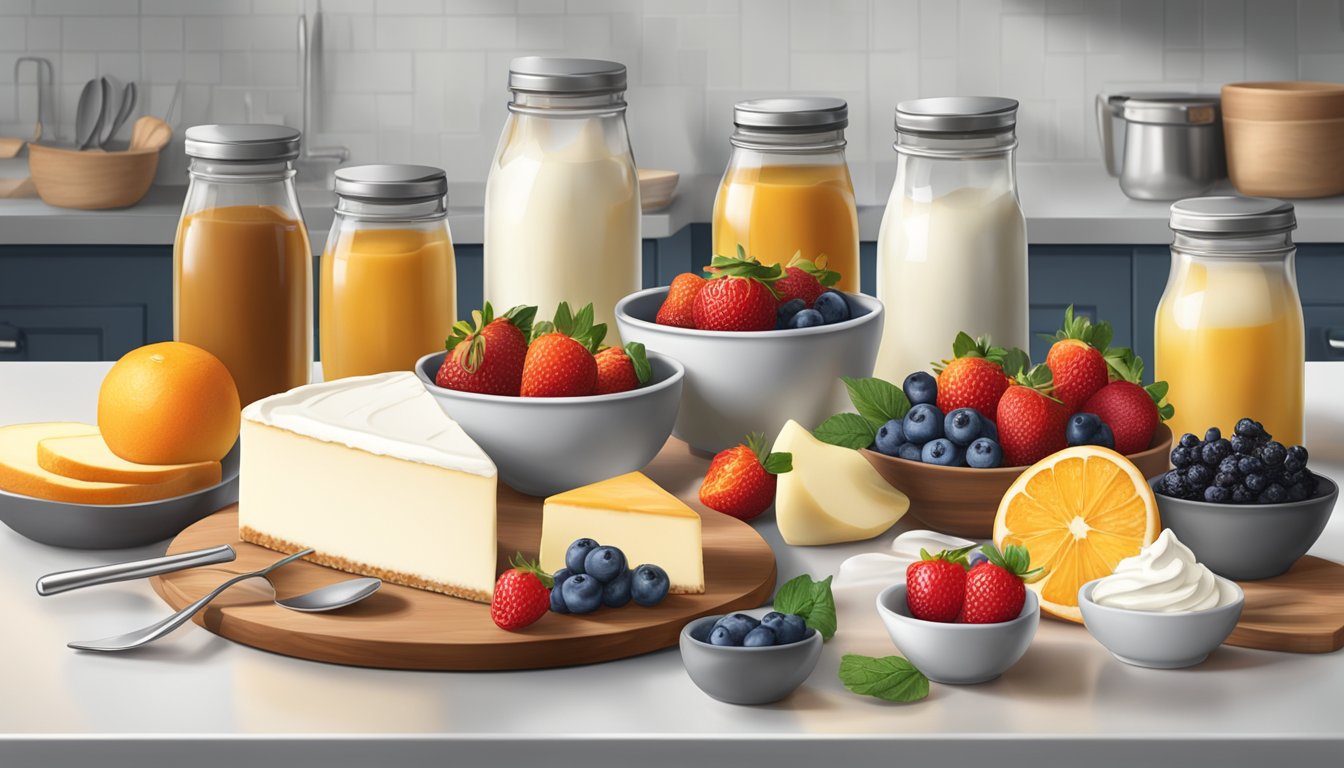 A kitchen counter with a variety of cheesecake ingredients and utensils, including Philadelphia cream cheese, vanilla extract, and fresh fruit