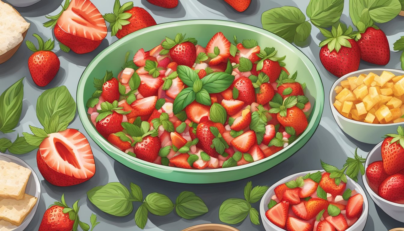 A vibrant bowl of grilled strawberry salsa with mint, surrounded by a variety of savory dishes featuring strawberries