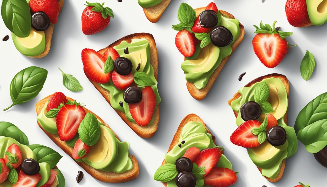 Fresh strawberries and creamy avocado slices arranged on crispy bruschetta, garnished with basil and balsamic glaze