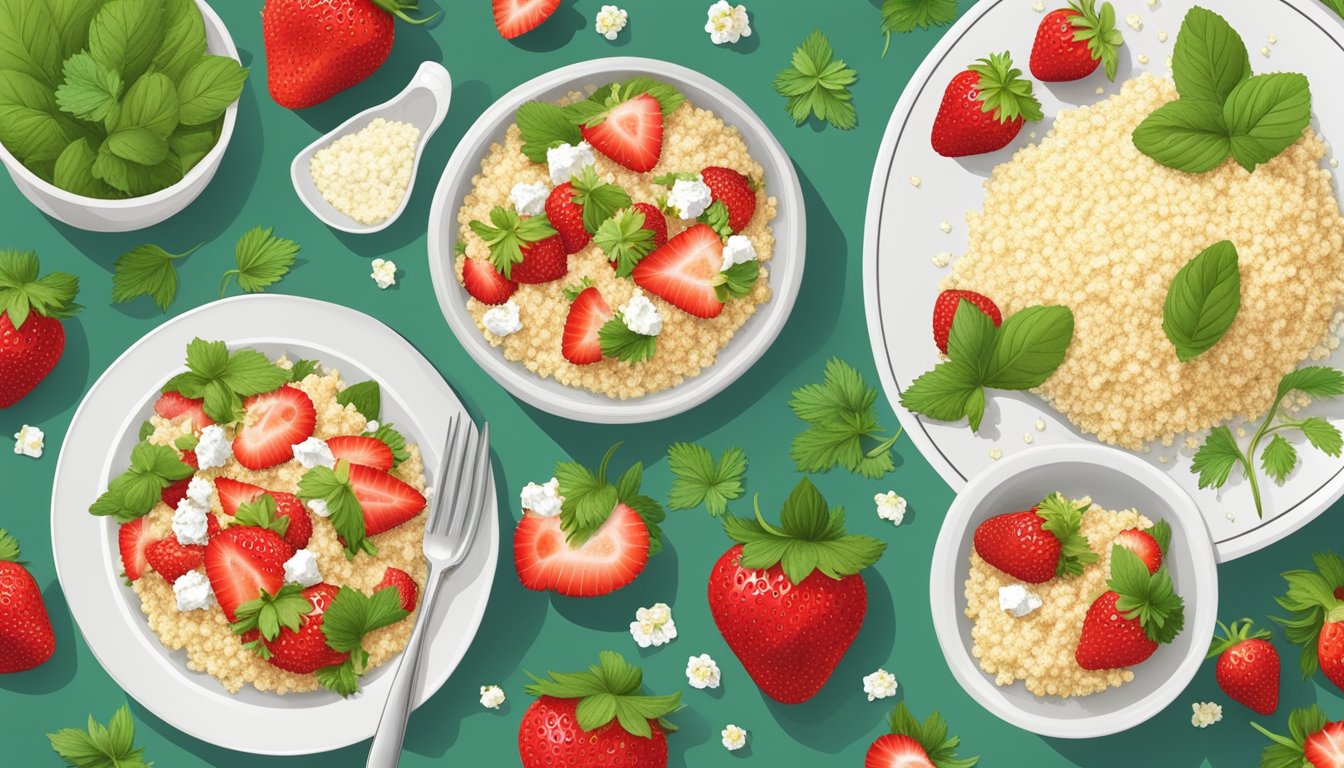 A plate of strawberry and feta couscous surrounded by fresh strawberries and herbs