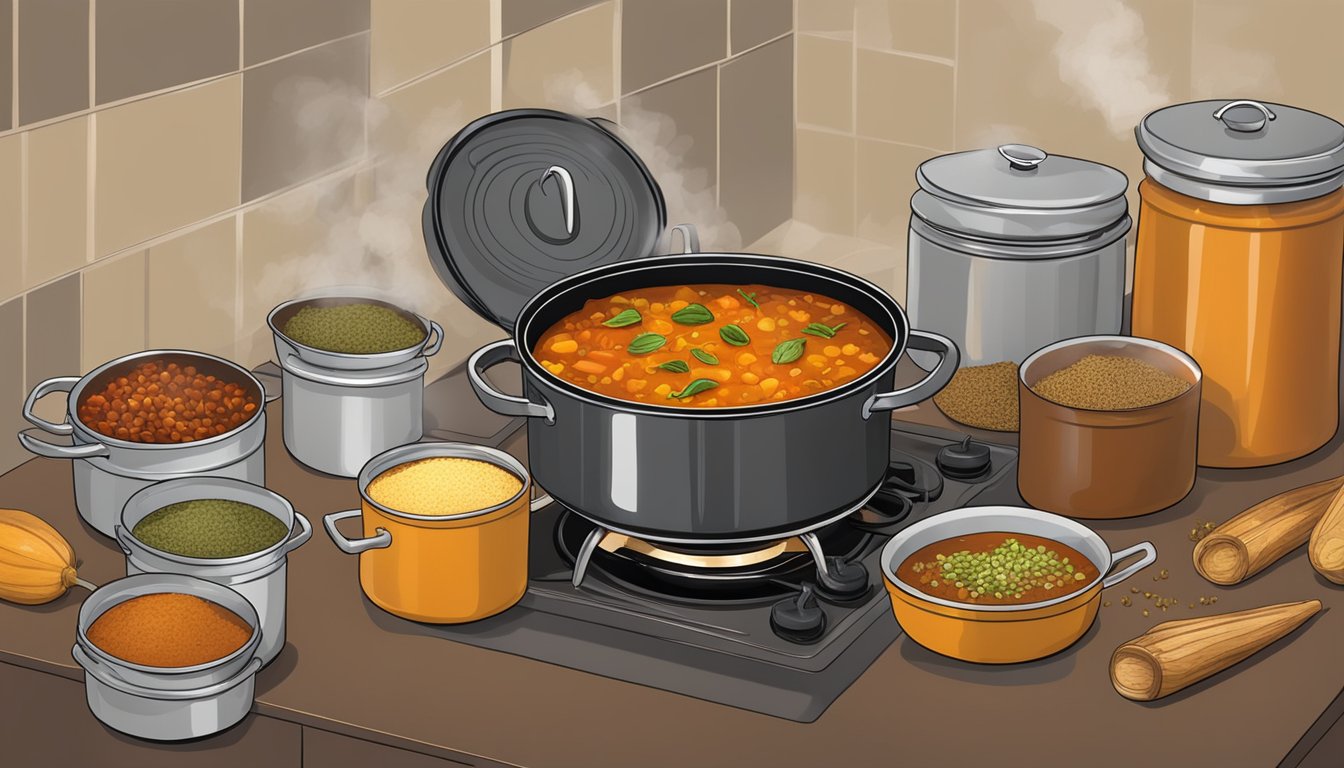 A steaming pot of smoky pumpkin chili simmering on a stovetop, surrounded by cans of pumpkin and various spices