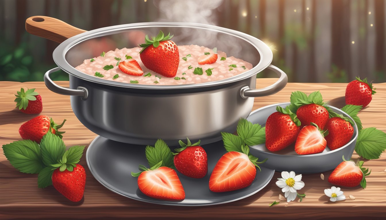 A steaming pot of creamy strawberry risotto surrounded by fresh strawberries and a sprinkle of herbs on a rustic wooden table