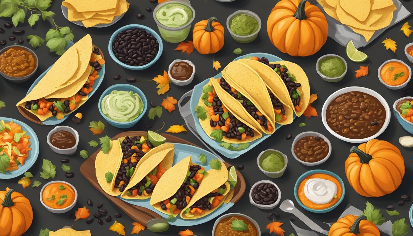 A table set with colorful pumpkin and black bean tacos surrounded by various canned pumpkin ingredients and kitchen utensils