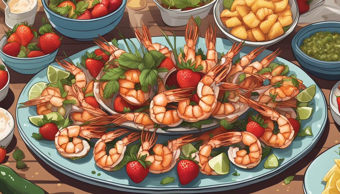 A platter of grilled shrimp topped with sliced strawberries and jalapeños, surrounded by other savory dishes featuring strawberries