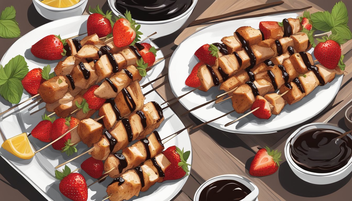 Skewers of grilled chicken and fresh strawberries arranged on a platter with a drizzle of balsamic glaze