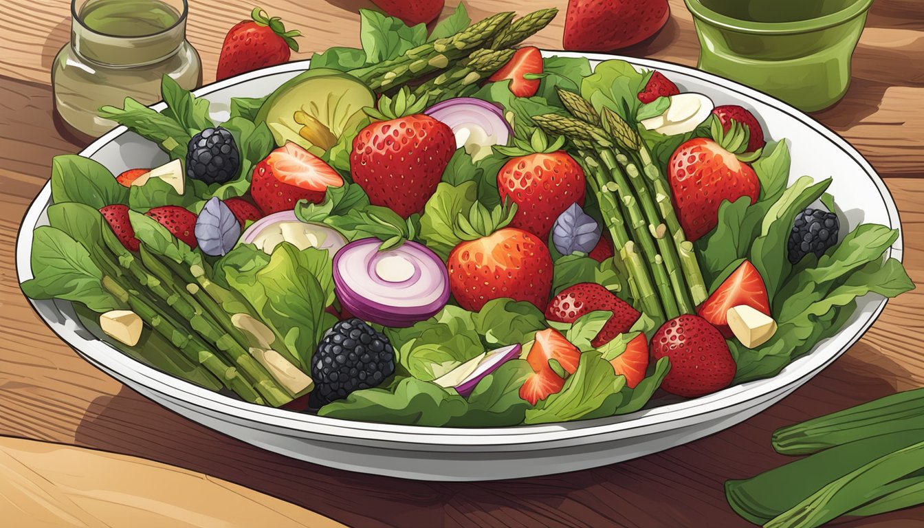 A vibrant salad bowl with roasted strawberries, grilled asparagus, and assorted savory ingredients arranged in an appealing and appetizing manner