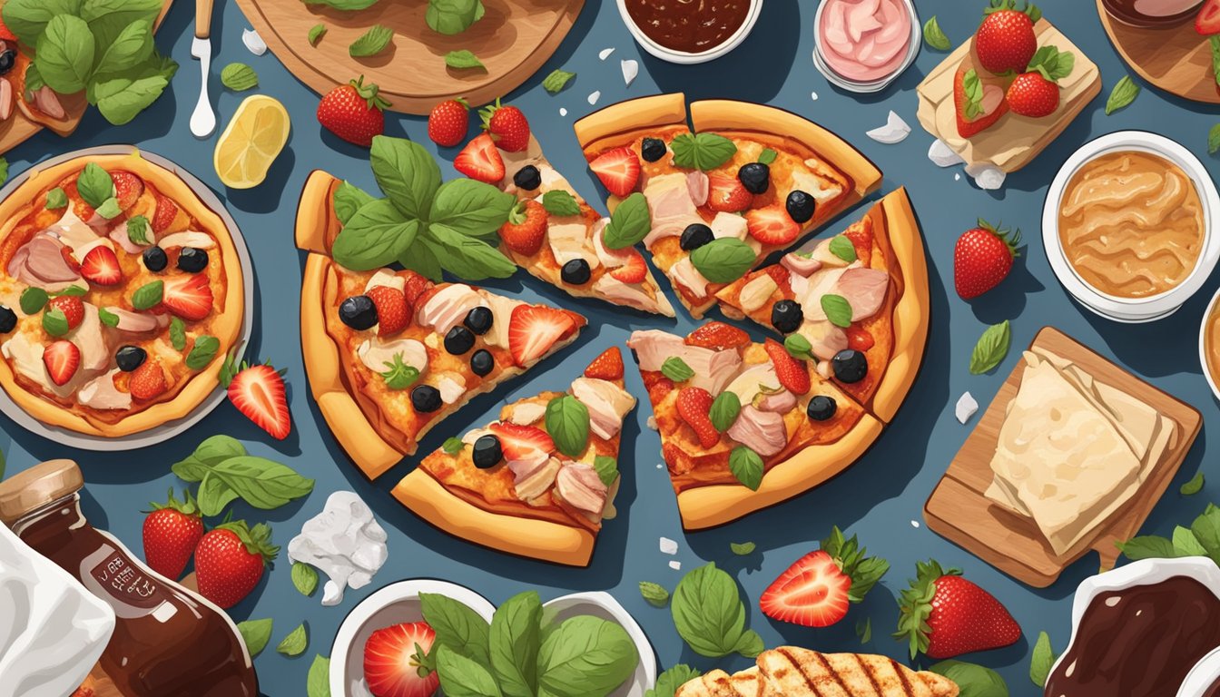 A colorful pizza topped with grilled chicken, strawberries, and BBQ sauce, surrounded by various savory dishes showcasing strawberries