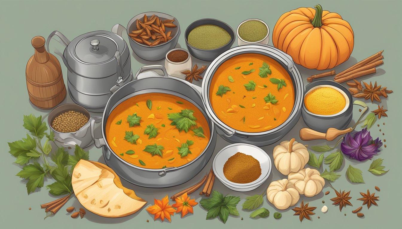 A steaming pot of pumpkin curry surrounded by vibrant spices and herbs, with a can of pumpkin and other ingredients nearby