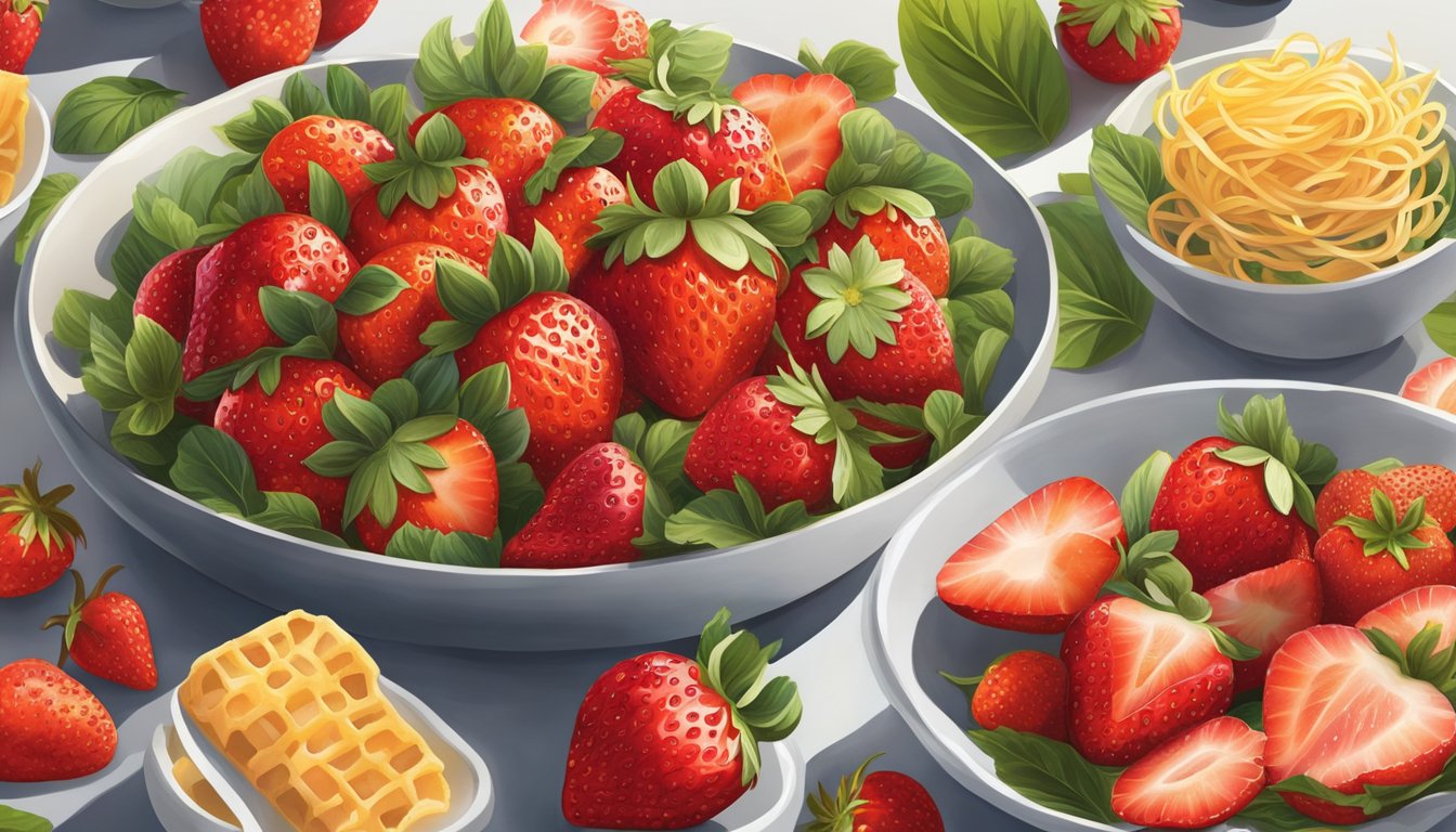 Fresh strawberries being incorporated into various savory dishes, such as salads, pastas, and grilled meats, adding a burst of vibrant color and unexpected flavor to the dishes