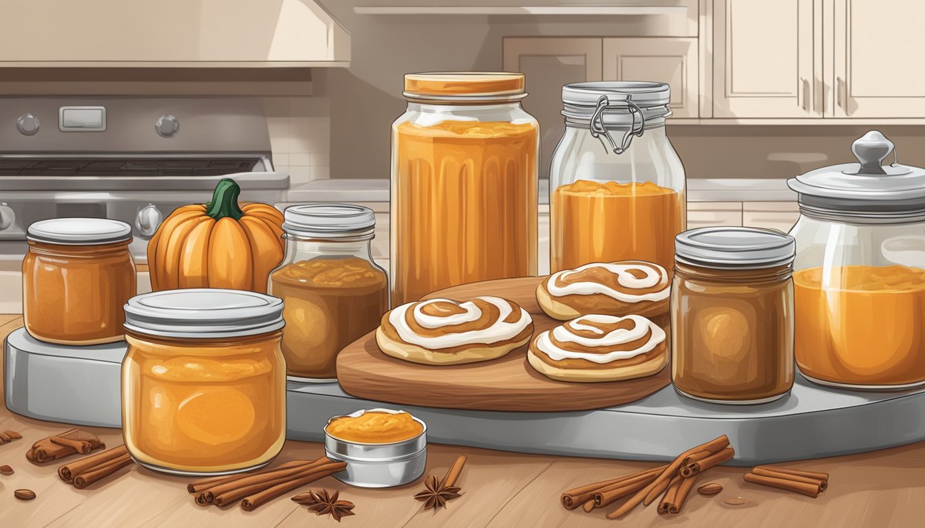 A cozy kitchen with a warm oven baking pumpkin butter cinnamon rolls, surrounded by jars of canned pumpkin and other baking ingredients