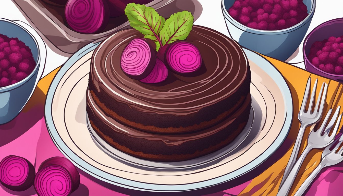 A rich chocolate cake topped with vibrant beet slices and drizzled with a glossy glaze, surrounded by fresh beets and scattered cocoa powder