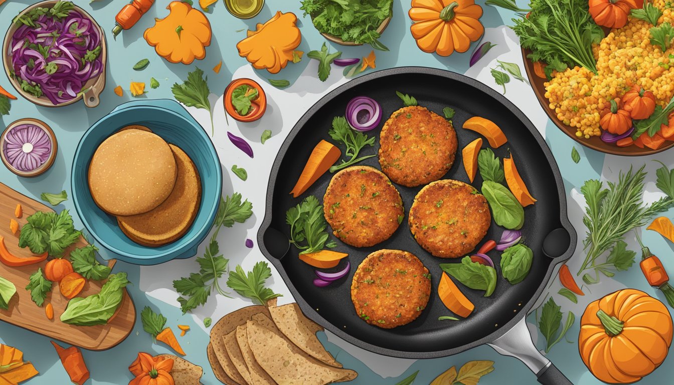 A sizzling skillet with pumpkin and sweet potato burgers surrounded by colorful ingredients like herbs, spices, and canned pumpkin