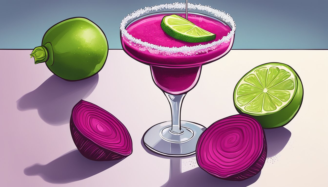 A vibrant beet margarita being poured into a salt-rimmed glass, with a fresh beet slice and lime wedge as garnish