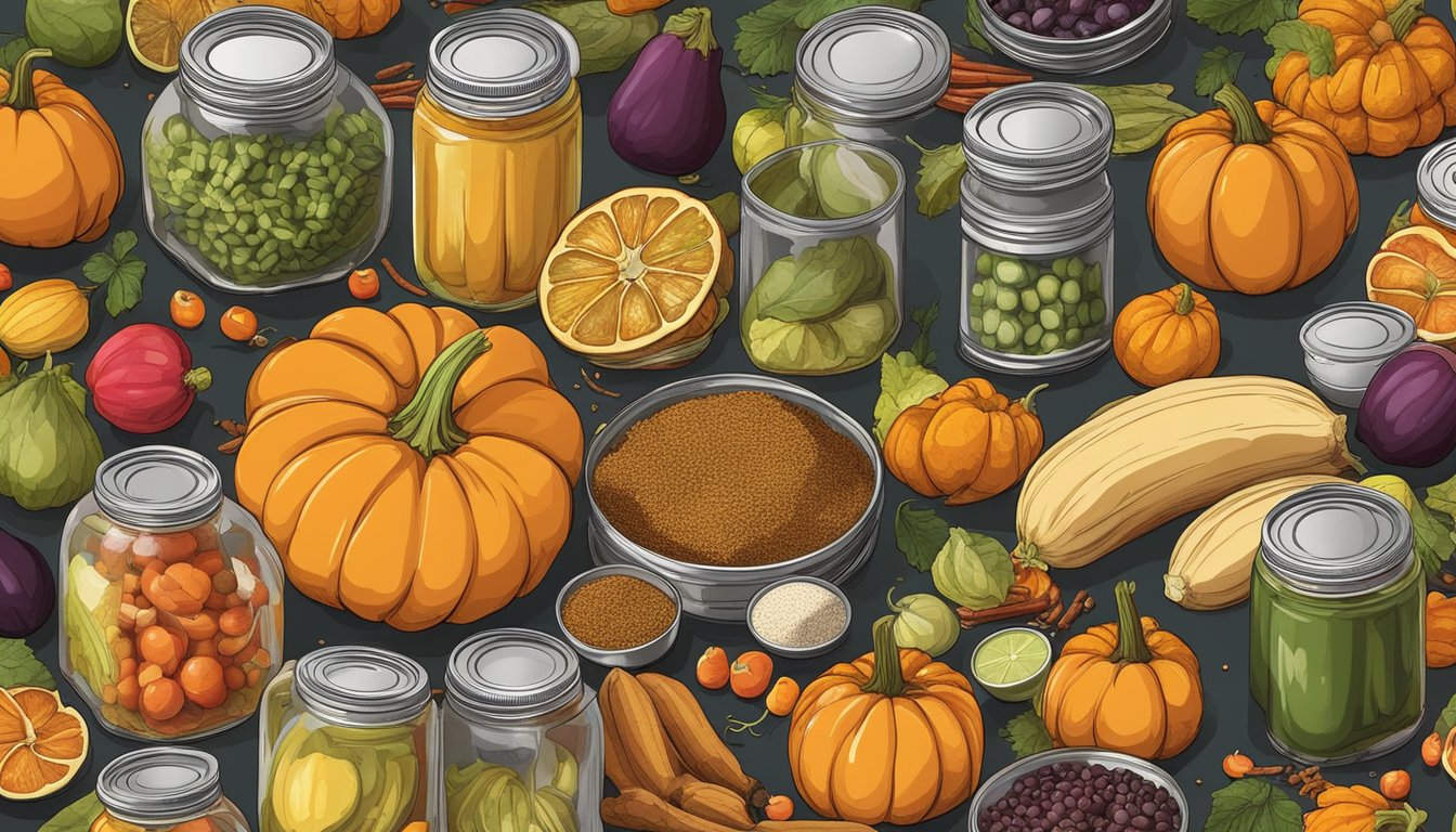 A colorful array of canned pumpkin surrounded by various fruits, vegetables, and spices, with recipe books and cooking utensils scattered around