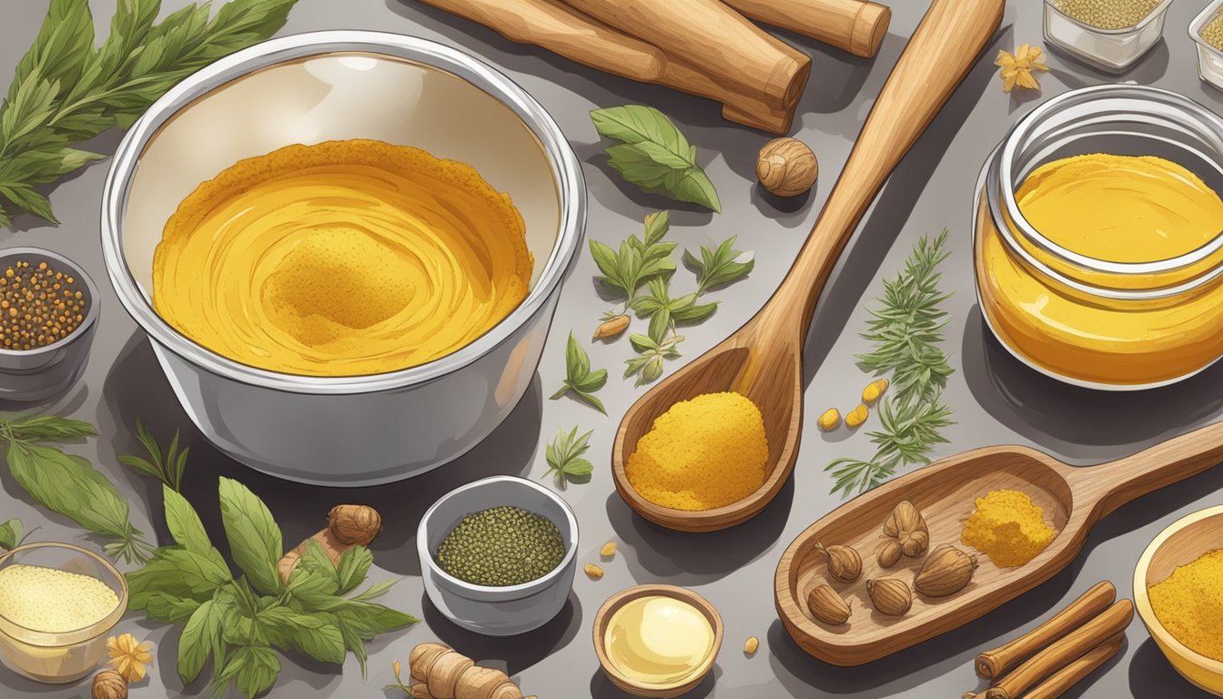 A wooden spoon mixing turmeric and honey butter in a glass bowl, surrounded by various spices and herbs on a kitchen counter