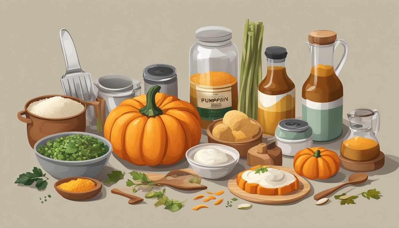 A kitchen counter with various cooking utensils, a can of pumpkin, and ingredients for 20 different recipes scattered around