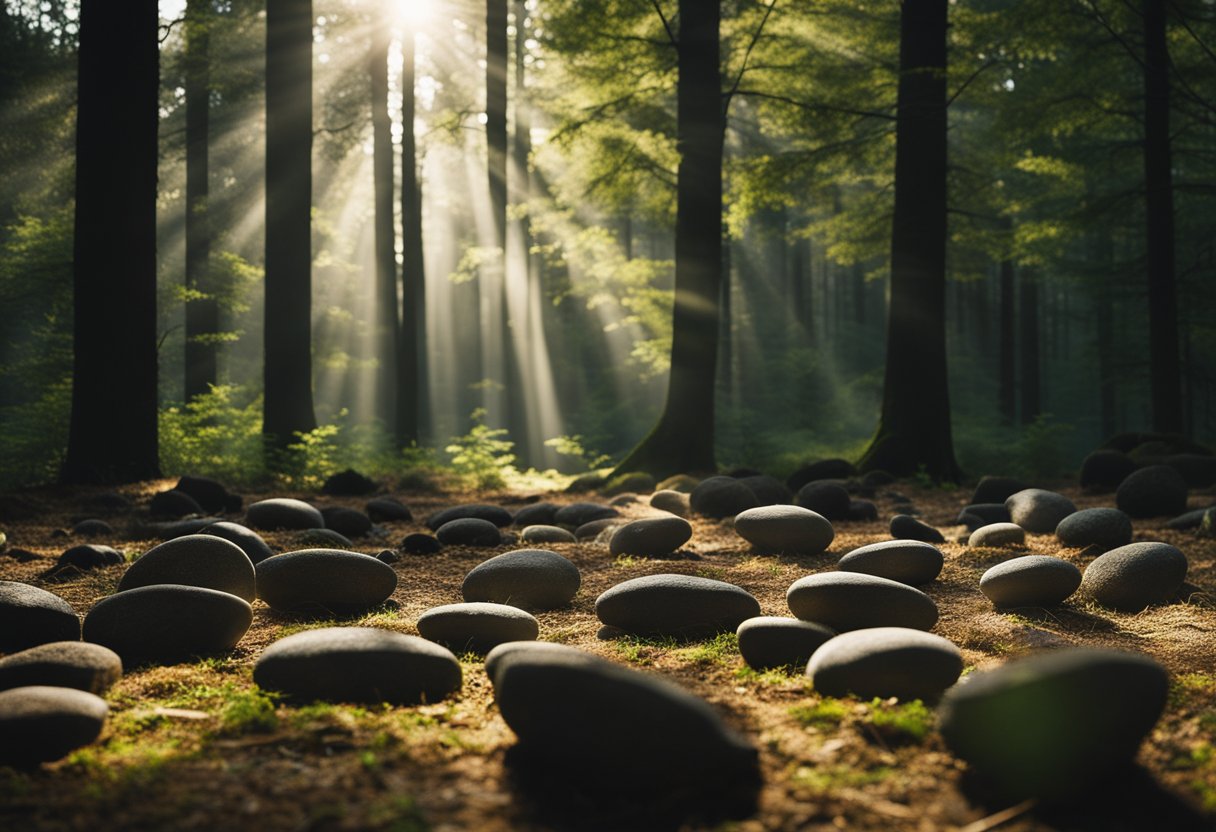 Um arranjo misterioso de pedras em uma clareira na floresta, com raios de sol projetando sombras e criando padrões no chão.