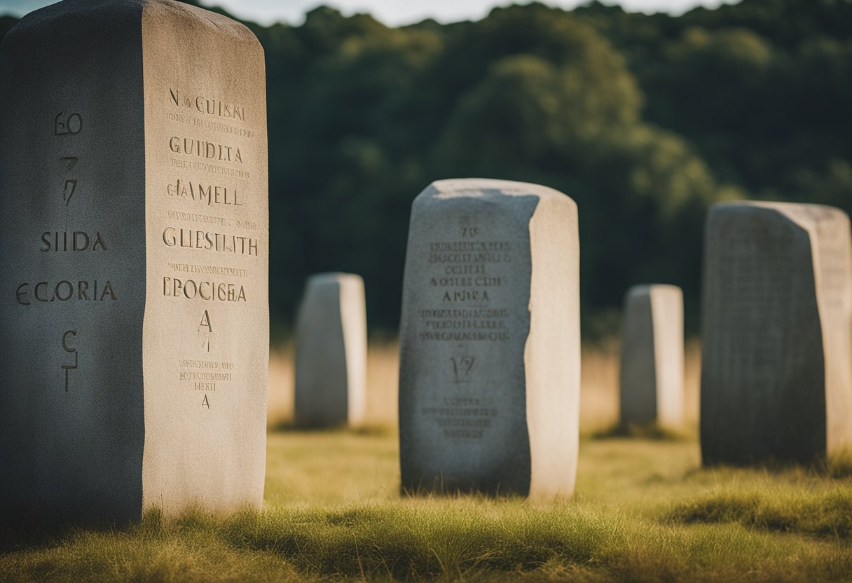 Um arranjo misterioso dos Guidestones da Geórgia com símbolos e inscrições, cercado por uma paisagem natural serena