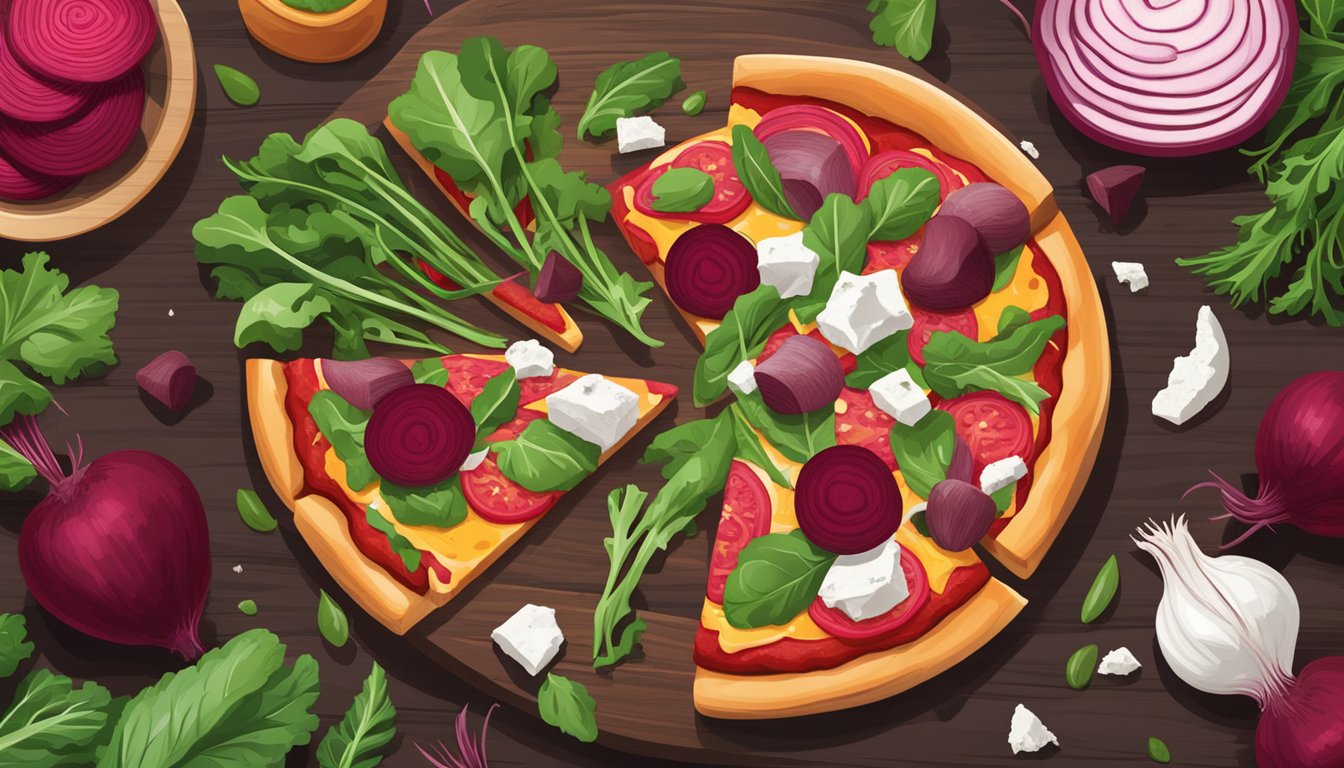 A colorful pizza with beets, arugula, and goat cheese on a wooden cutting board surrounded by fresh beet greens and vibrant red beets