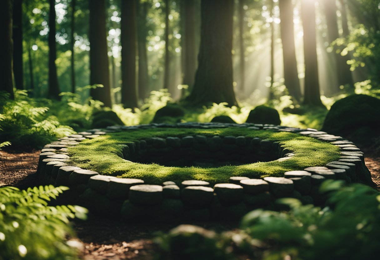 Um círculo de formações rochosas misteriosas em uma clareira da floresta, cercado por uma vegetação exuberante e pela luz do sol filtrada através das árvores