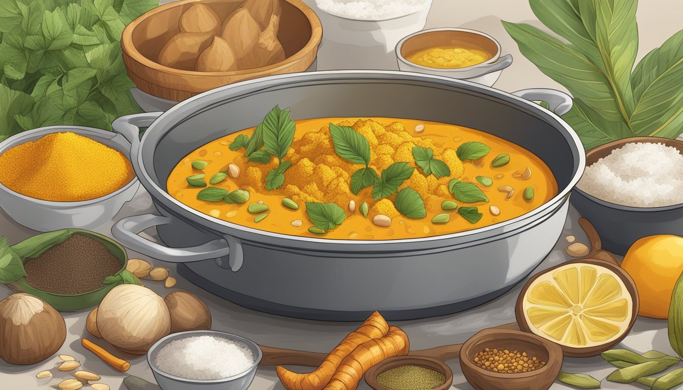 A bubbling pot of turmeric-coconut curry surrounded by various ingredients and spices on a kitchen counter