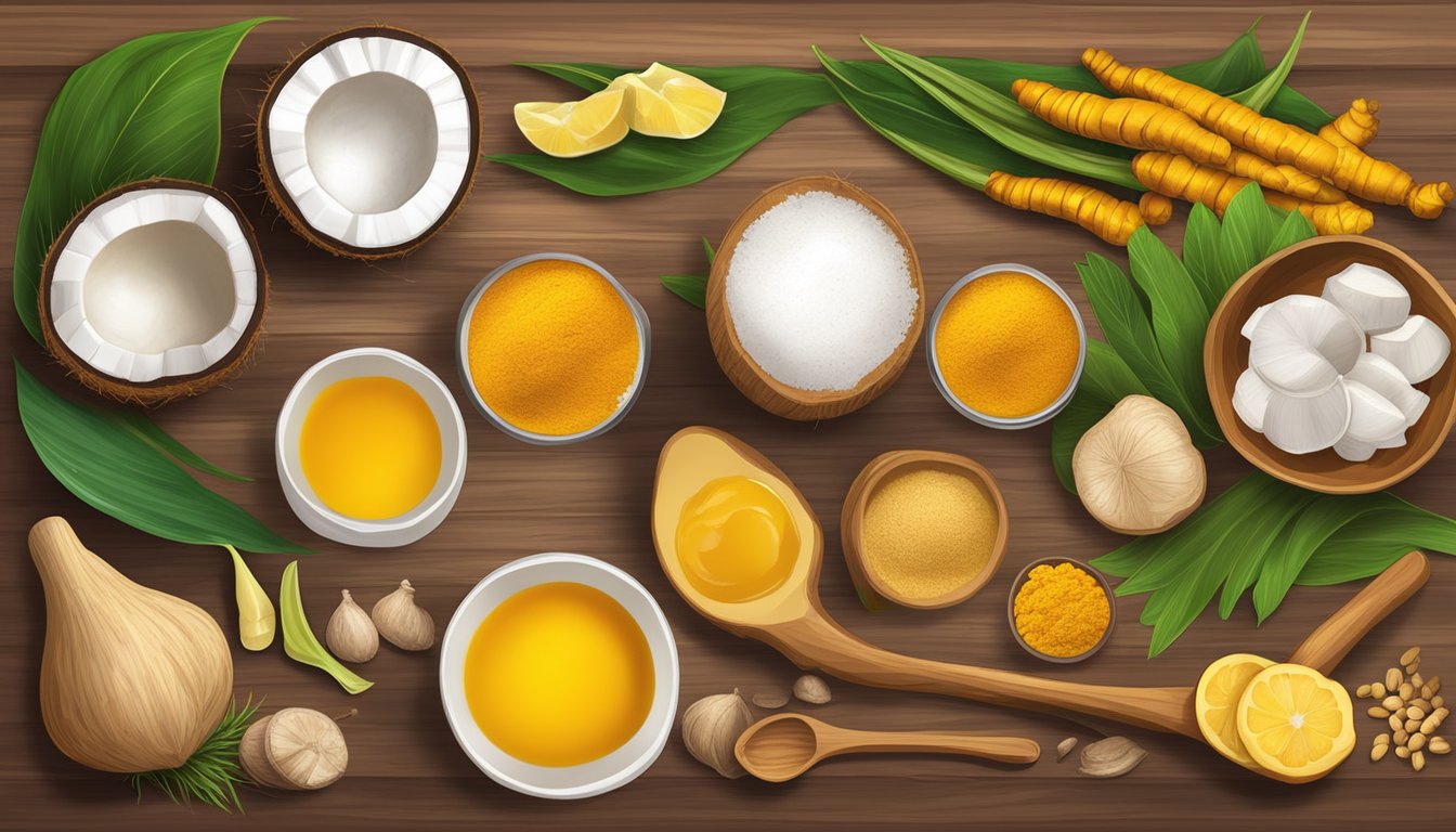 A vibrant array of turmeric, ginger, coconut milk, and other complementary ingredients arranged on a wooden cutting board, ready for innovative culinary creations