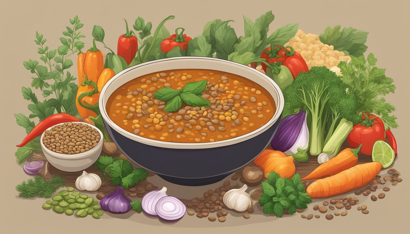 A steaming bowl of spicy lentil soup surrounded by assorted lentils, vegetables, and herbs