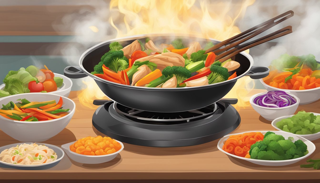 A sizzling wok with colorful vegetables, sliced rotisserie chicken, and aromatic spices. Steam rises as the stir fry is tossed with a wooden spatula