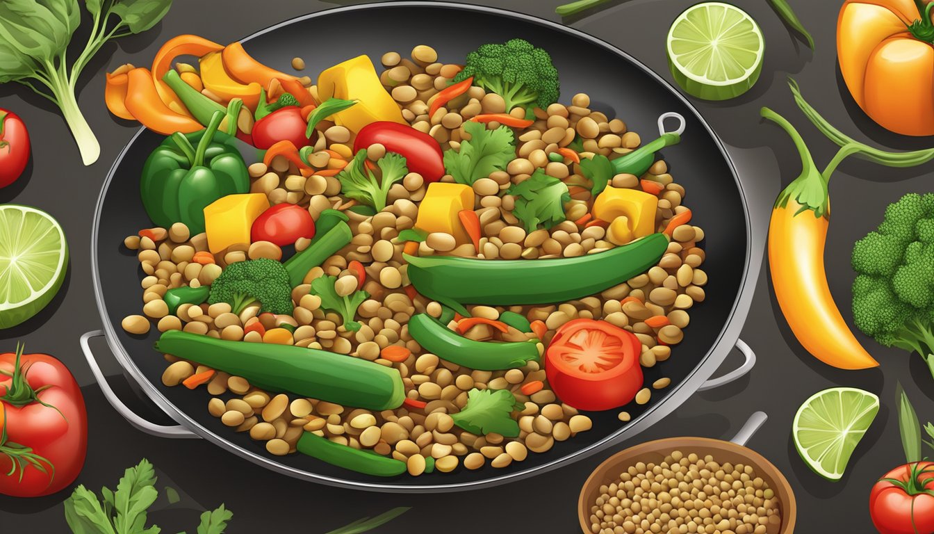 A colorful array of fresh vegetables and lentils sizzling in a hot wok, creating a mouthwatering stir-fry dish