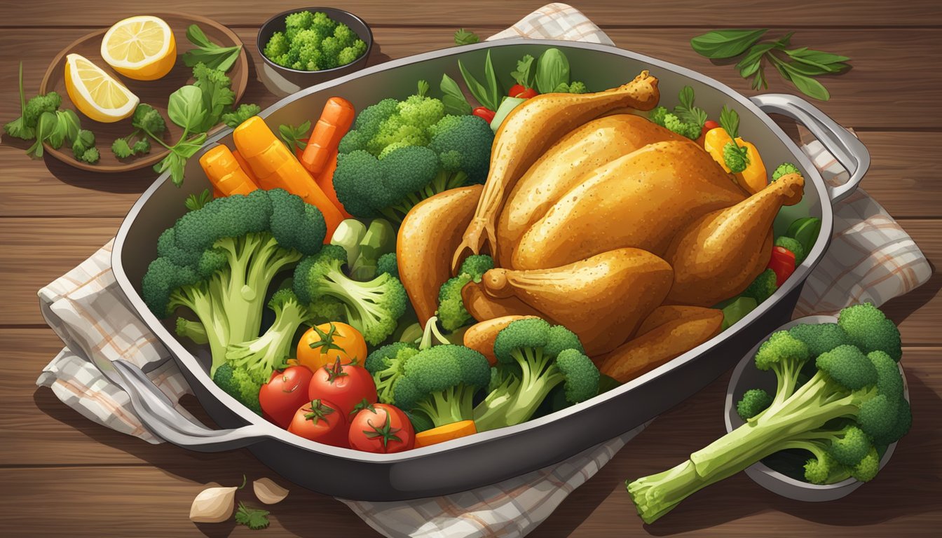 A golden-brown chicken and broccoli bake surrounded by colorful vegetables and herbs on a rustic wooden table