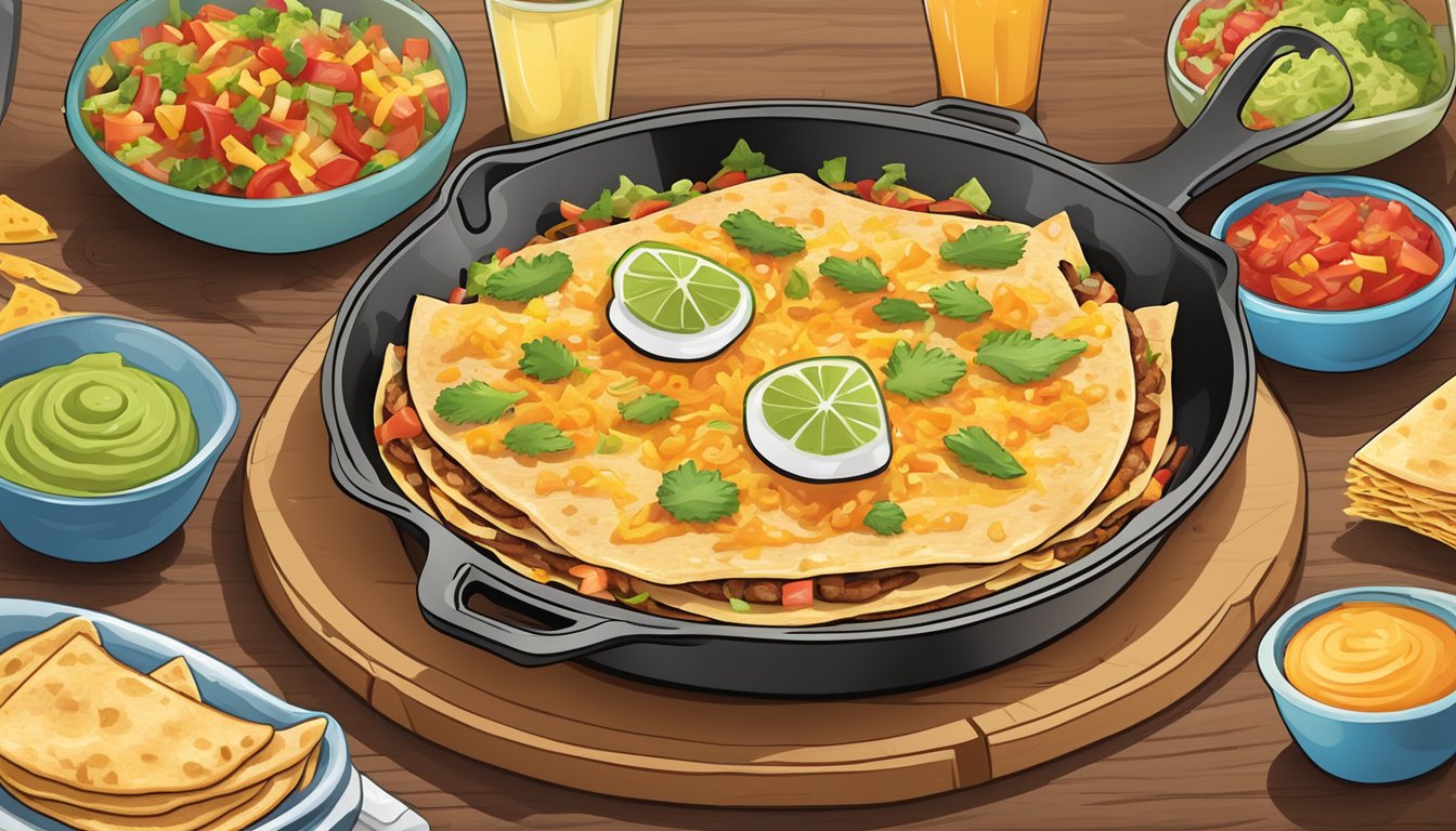 A sizzling skillet with golden-brown quesadillas filled with shredded rotisserie chicken and gooey melted cheese, surrounded by colorful toppings like salsa and guacamole