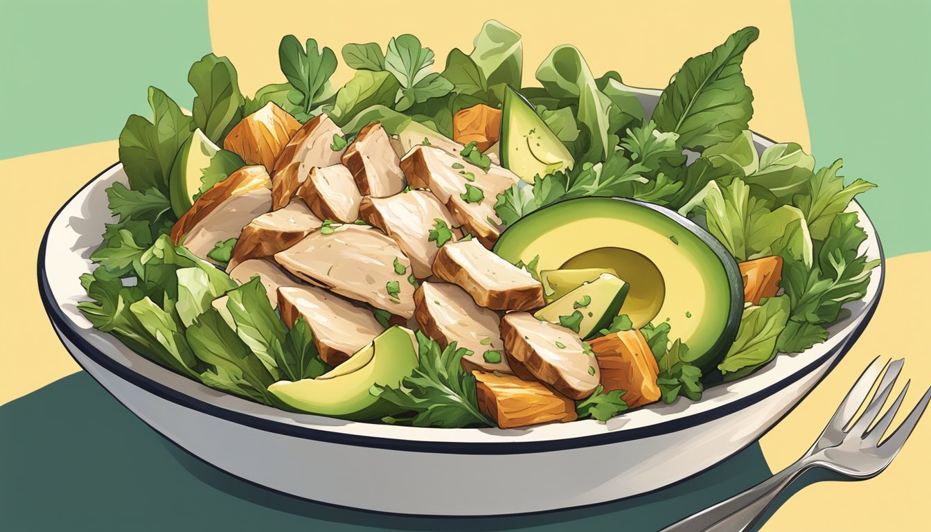 A colorful salad bowl with chunks of rotisserie chicken, sliced avocado, and fresh greens, all tossed together in a light vinaigrette