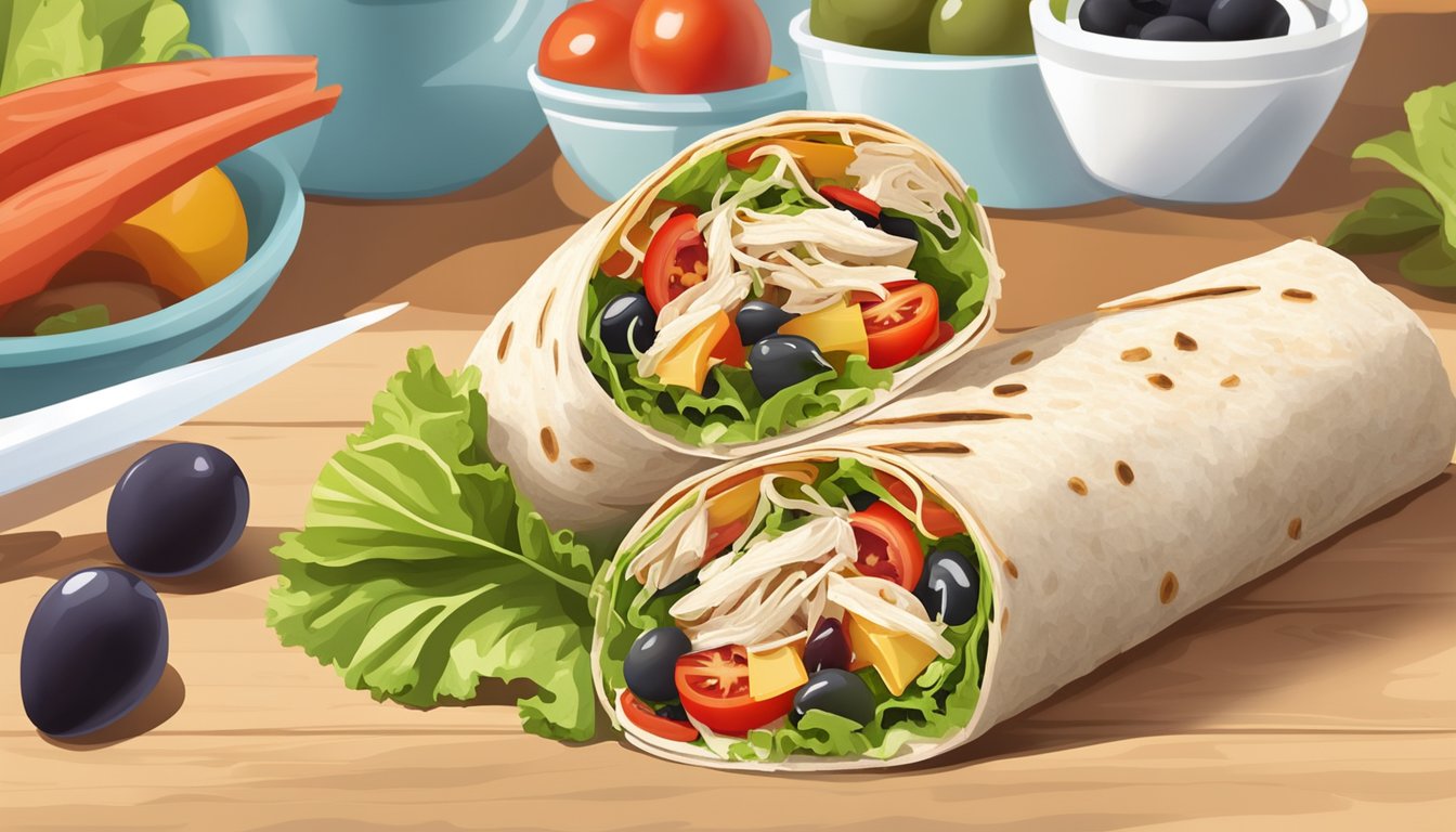 A colorful Mediterranean chicken wrap surrounded by fresh ingredients like tomatoes, lettuce, and olives, with a rotisserie chicken in the background