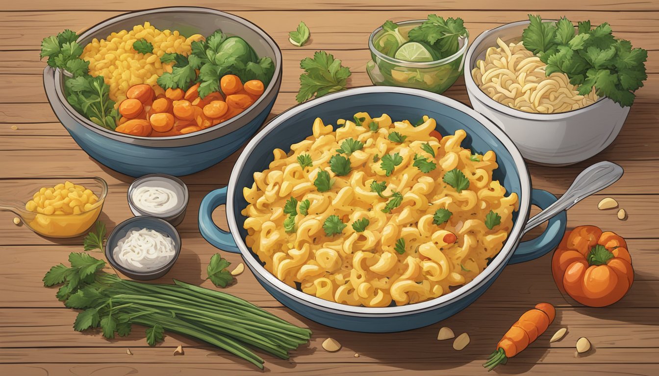 A steaming bowl of mac and cheese topped with shredded rotisserie chicken, surrounded by colorful vegetables and herbs on a rustic wooden table