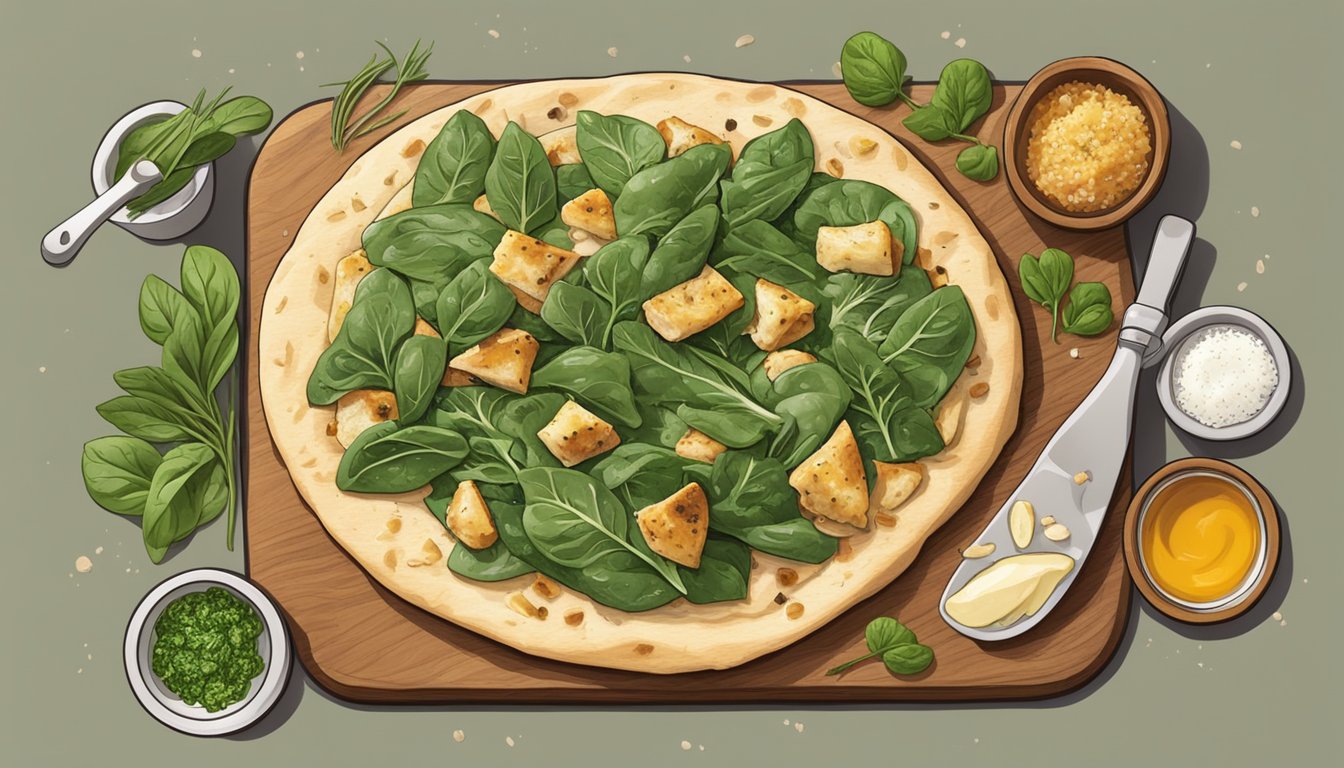 A flatbread topped with rotisserie chicken, spinach, and other ingredients, displayed on a wooden cutting board with fresh herbs and seasonings scattered around it