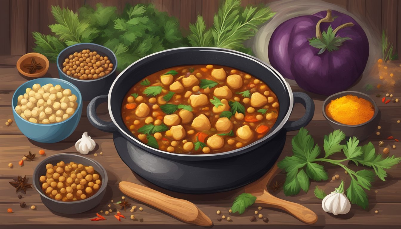 A bubbling pot of eggplant and chickpea stew surrounded by colorful spices and fresh herbs on a rustic wooden table