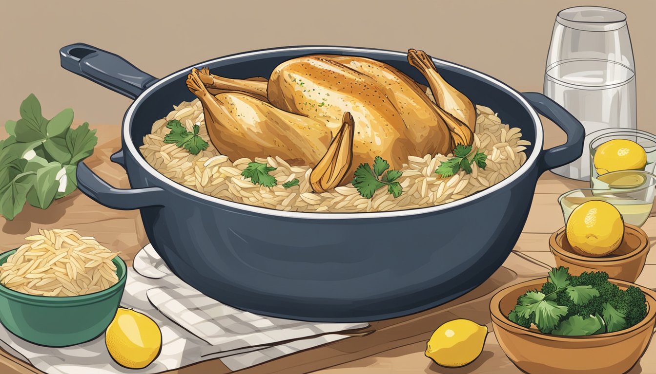 A steaming bowl of lemon chicken orzo, surrounded by various ingredients and a rotisserie chicken, on a kitchen counter